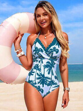 Tropical Palm Print Halter Neck One-Piece Swimsuit